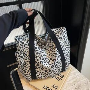Women Leopard Print Canvas Tote Bag Large Capacity Casual Shoulder Bag With Side Pockets Fashion Daily Commuter Handbag