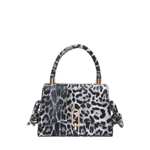 Elegant leopard print satchel handbag for women with golden metal lock and top handle