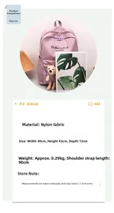 Détails des dimensions et du poids du sac à dos en nylon violet avec pendentif ours