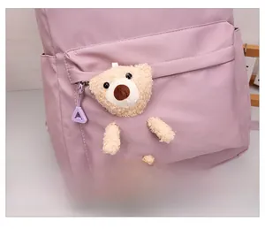 Détail d'un sac à dos violet avec un joli pendentif ours en peluche et une poche latérale