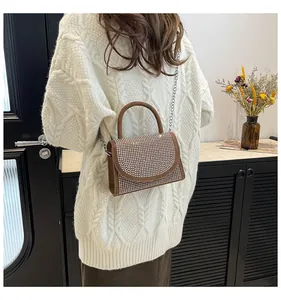 Brown handbag with sparkling rhinestones and silver chain strap worn by a model