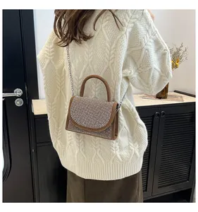 Detail of brown mini crossbody bag with crystal-encrusted flap and metal chain strap