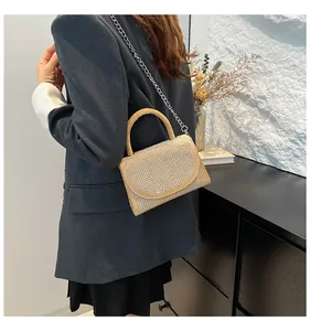 Detail of a beige rhinestone crossbody bag with a silver chain and luxury finish