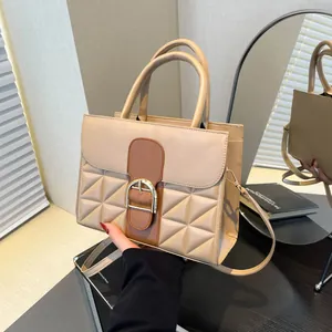 Women Elegant Quilted PU Leather Handbag Contrast Color Top Handle Bag Geometric Pattern Shoulder Crossbody Bag Daily Commute