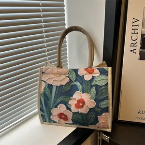 Women Artistic Floral Canvas Tote Bag Large Capacity Vintage Oil Painting Style Shoulder Bag With Braided Handle For Daily Commuting