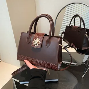 Vintage PU Leather Small Square Handbag For Women Gold Flower Buckle Croc Pattern Splicing Crossbody Bag Shoulder Bag