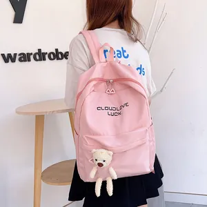 Sac à dos d'école rose minimaliste avec imprimé Cloudlove Luck et pendentif ours en peluche