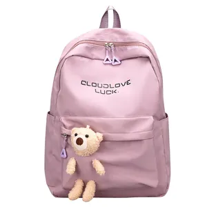 Sac à dos d'école violet minimaliste avec pendentif ours et design CLOUDLOVE LUCK