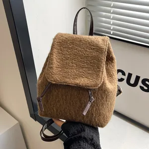 Fashion Women Vintage Woolen Plush Mini Backpack Small Retro Furry Daypack With Adjustable Straps For Girls Travel Bag
