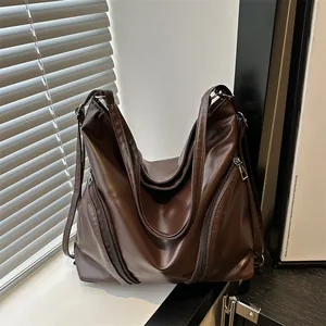 Sac Cabas Femme Rétro en Cuir PU Grande Capacité Tendance Fermeture Éclair Décorative Sac à Épaule Hobo Bag Quotidien