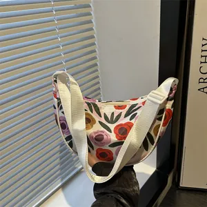 Women Casual Floral Stripe Print Crescent Crossbody Bag Lightweight PU Leather Shoulder Dumpling Bag With Adjustable Strap