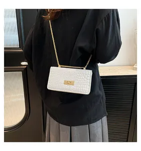 Detailed back view of a white crocodile embossed box bag with gold chain strap on model
