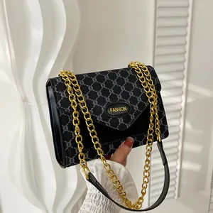 Sac Bandoulière Vintage Monogramme pour Femme Avec Chaîne Dorée Cuir PU Sac à Épaule Mode Main Quotidien Polyvalent