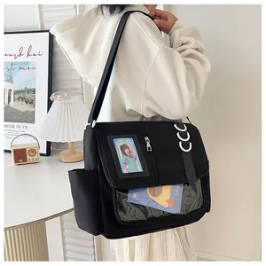 Détail d'un sac messager en nylon noir avec fenêtre transparente et anneaux métalliques