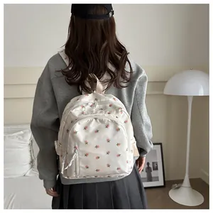 Detailed back view of a beige floral backpack featuring sweet pink flower patterns