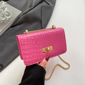 Hot pink crocodile pattern small square box bag with gold chain strap for women