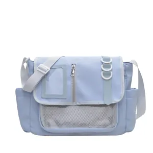 Sac messager bleu clair style japonais avec fenêtre transparente et poche filet