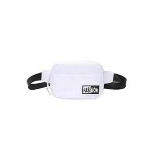 Minimalist white nylon crossbody chest bag with black adjustable strap and fashion patch
