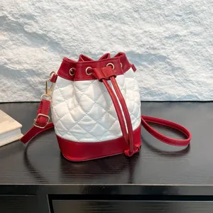Fashion Quilted Contrast Color Bucket Bag For Women PU Leather Drawstring Crossbody Bag Elegant Shoulder Purse Small Handbag