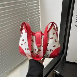 Vintage Cherry Print Shoulder Bag For Women PU Leather Underarm Bag Fashion Versatile Large Capacity Dating Handbag