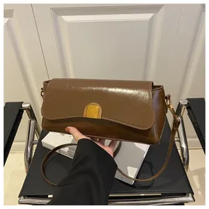 Gros plan du sac carré marron brillant avec boucle métallique dorée en forme de U