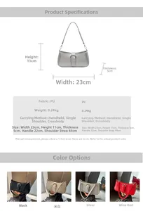 Detailed size chart and multi-color options for the stylish PU leather baguette handbag