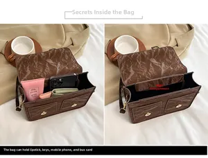 Detailansicht der braunen Umhängetasche mit Vintage-Struktur und Innenraumkapazität