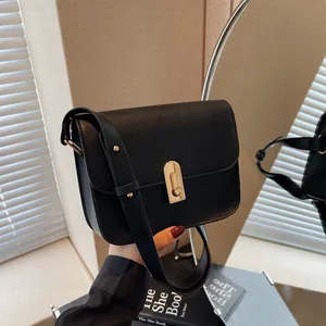 Petit Sac Bandoulière Carré en Cuir PU Vintage pour Femme Sac à Épaule Minimaliste Avec Serrure en Métal Doré Tendance