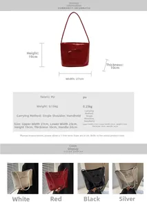 Size chart for bow bucket bag showing dimensions 27x23x19x10cm and lightweight PU material