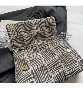 Detail of powerful magnetic buckles on geometric patterned flap bag for easy closure