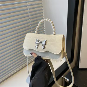 Women Bowknot Square Crossbody Bag With Artificial Pearl Handle PU Leather Crinkled Marble Pattern Wavy Edge Shoulder Bag Handbag
