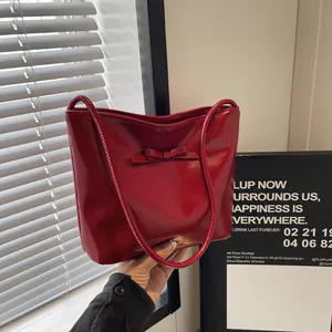 Fashion PU Leather Bow Bucket Bag For Women Glossy Patent Shoulder Bag Minimalist Commuter Handbag Elegant Tote Crossbody Bag