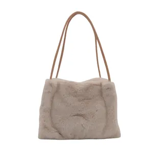 Minimalist beige faux fur shoulder bag with brown straps and large capacity square shape