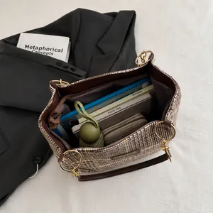 Detailansicht des großen Innenraums einer karierten Tragetasche mit Laptop und Buch