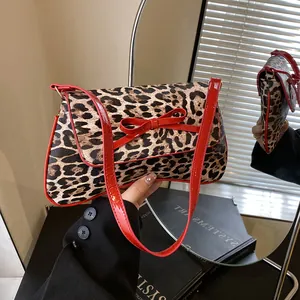 Women Leopard Print Bow Underarm Bag Retro Red PU Leather Shoulder Bag Fashion Niche Design Small Square Bag Daily Dating