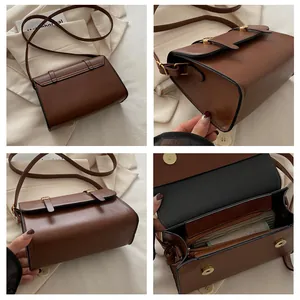 Details van de bruine leren tas met achterkant, zijkant en binnenzak met ritssluiting