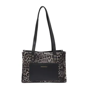 Retro leopard print tote bag for women with black leather pocket and golden lettering
