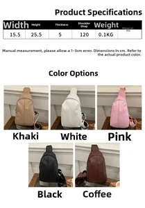 Detailed size chart and multi-color options for minimalist PU leather crossbody chest bag