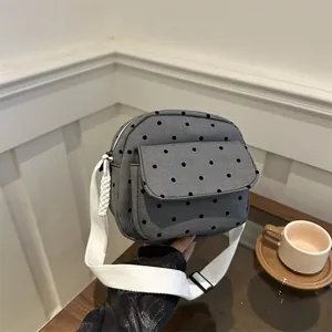 Women Casual Canvas Small Square Crossbody Bag With Heart Polka Dot Print Adjustable Strap Fashion Shoulder Handbag Daily