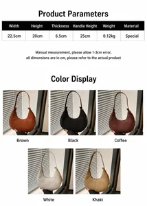 Detailed size guide for crescent moon shoulder bag with product measurements in cm