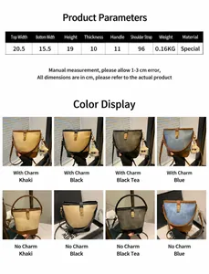 Detailed sizing chart and color variants for the minimalist retro leather bucket bag