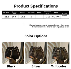 Tableau des tailles du sac seau en strass montrant dimensions et couleurs
