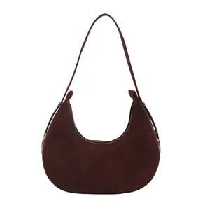 French style dark brown suede hobo bag with crescent shape and silver hardware