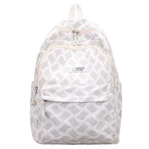 Lightweight minimalist cream backpack with geometric texture and fashion rabbit emblem