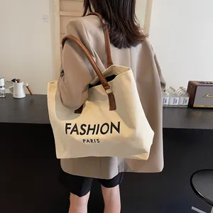 Bolso tote japonés de lona con correas de cuero marrón y estampado de letras Fashion Paris