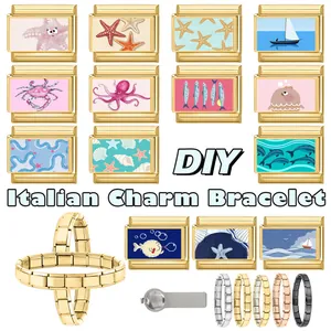Detalle de módulos para pulsera italiana con motivos marinos de estrella de mar y pulpo