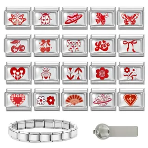 Italienische Charm-Armband-Glieder aus Edelstahl mit roten Schmetterlings- und Blumenmustern