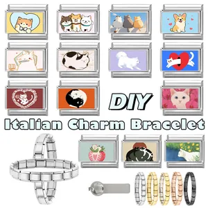 Detailed view of DIY Italian charm bracelet links featuring animal patterns and steel finish