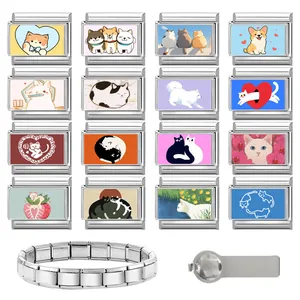 Macro shot of stainless steel Italian charm links with cute cartoon pet illustrations