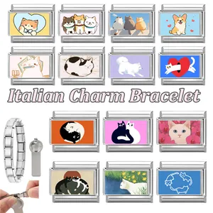 Detail of stainless steel modular Italian charm bracelet with pet-themed link patterns